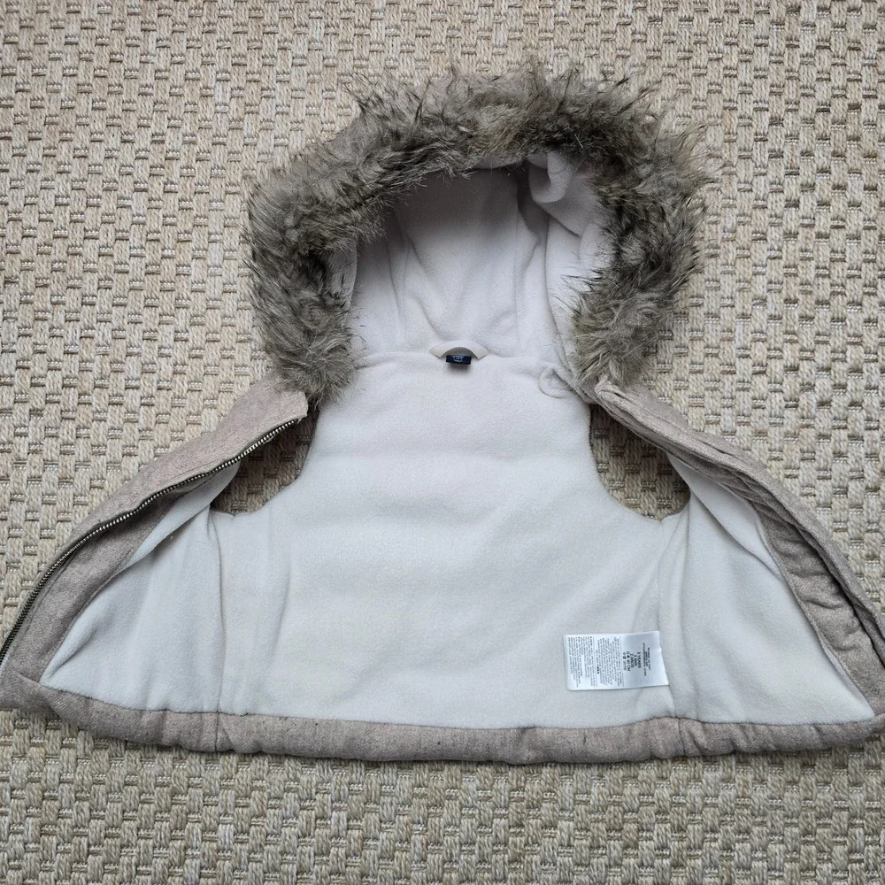 Baby Gap 2T Baby Girl Winter Wool Hooded Fur Puffer Zippered Vest Khaki